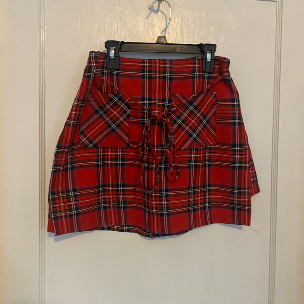 Tie-Front Red Plaid Mini Skirt